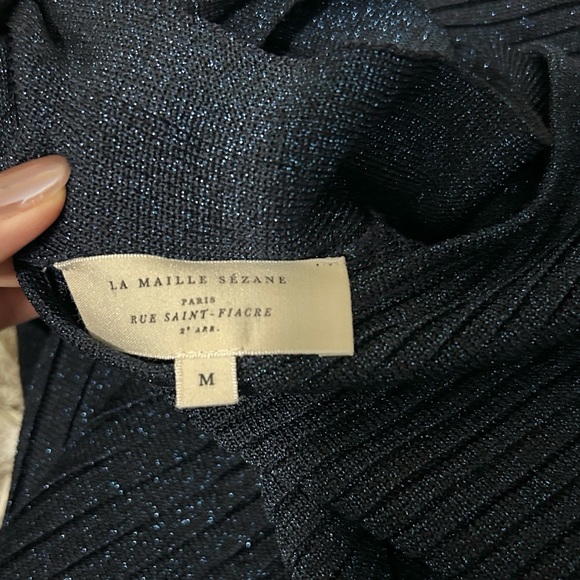 Sezane Eleanor RARE Blue Lurex Knit Bow Tie A-Line Dress Sz M - Picture 12 of 14